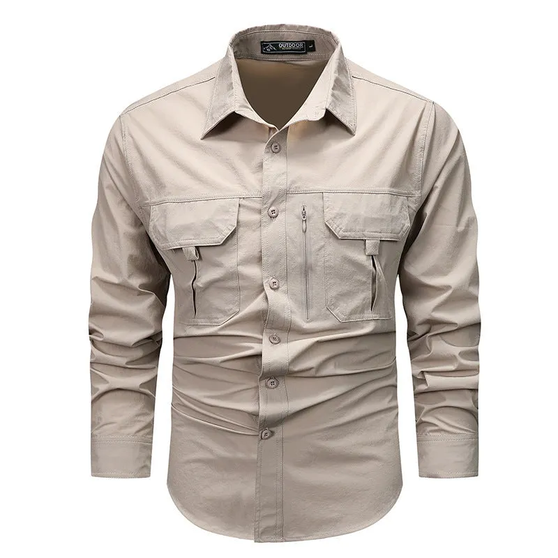 Men's long-sleeved solid colour casual shirt in khaki, regular fit, nylon-blend fabric