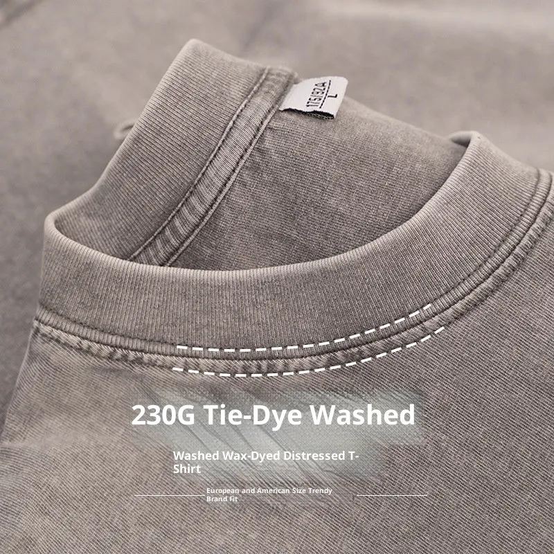 230g American style loose distressed retro washed men's solid colour short sleeve pure cotton t-shirt in blue