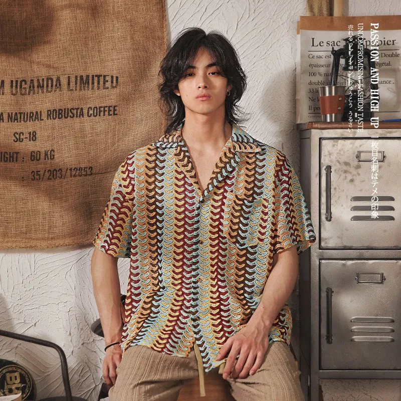 Japanese style Cuban collar mens short sleeve shirt with hollow jacquard pattern in grey or red colour