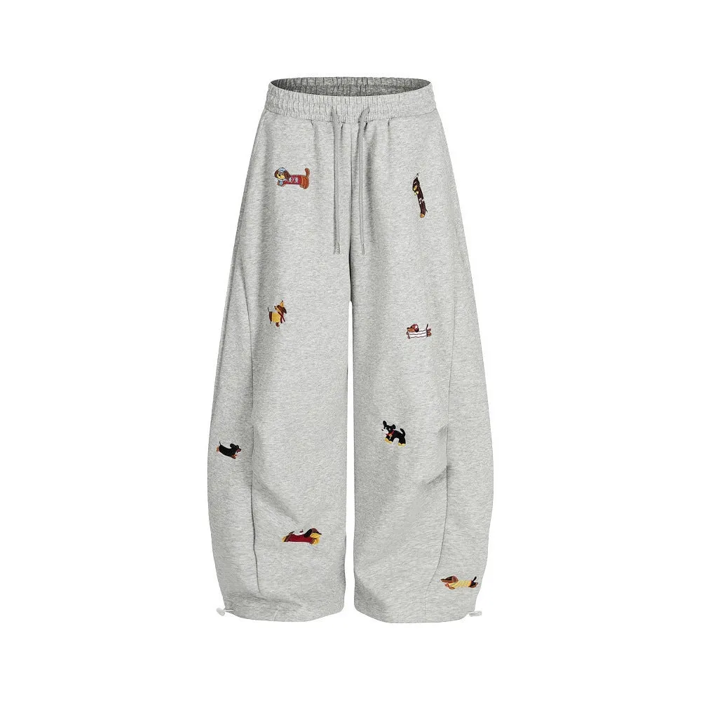 Lazy sausage dog embroidered machete sweatpants in gray, loose fit polyester men's trousers, autumn casual