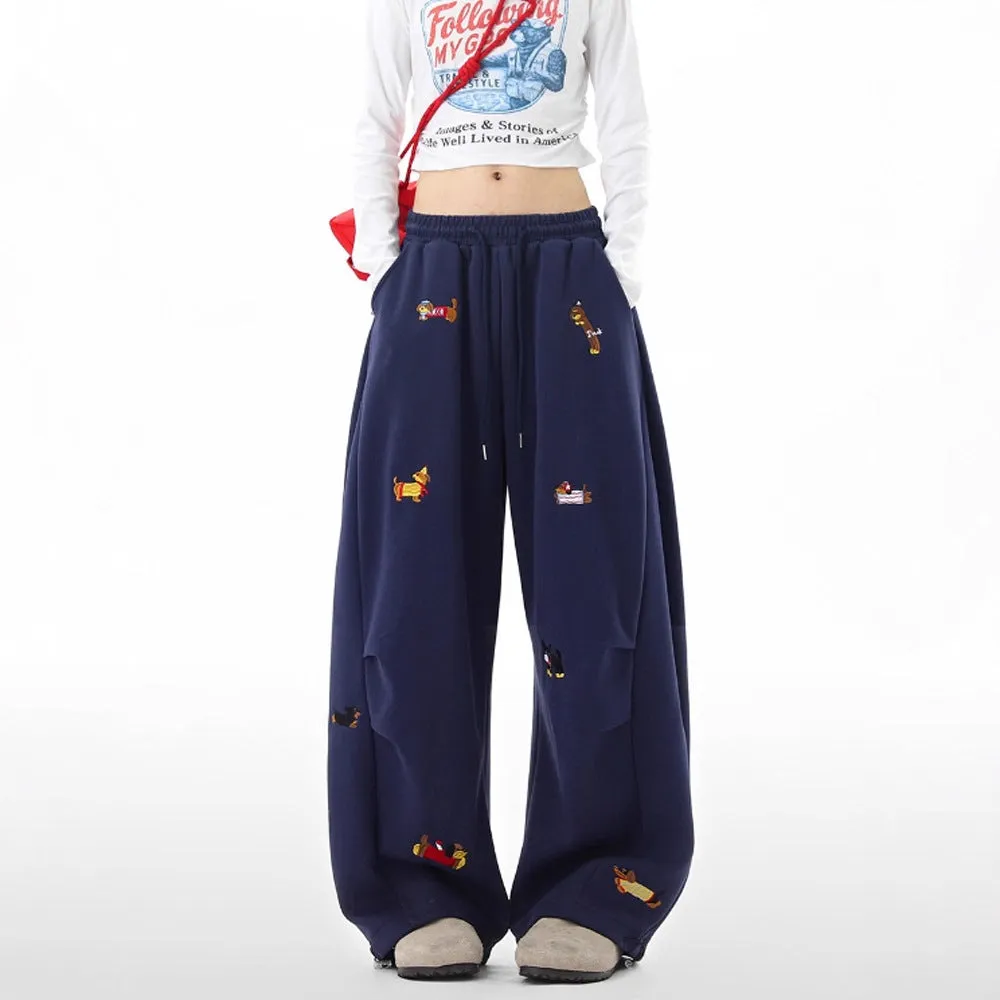 Lazy sausage dog embroidered machete sweatpants in gray, loose fit polyester men's trousers, autumn casual