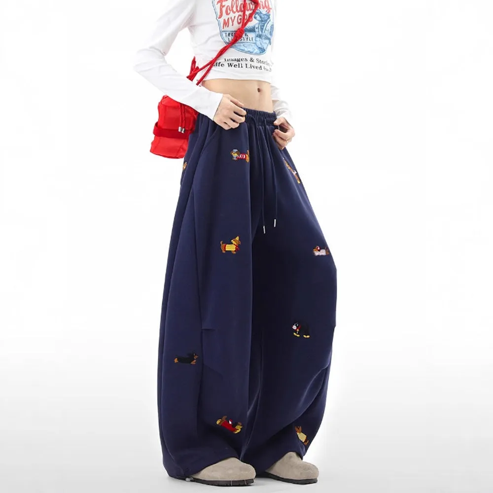 Lazy sausage dog embroidered machete sweatpants in gray, loose fit polyester men's trousers, autumn casual
