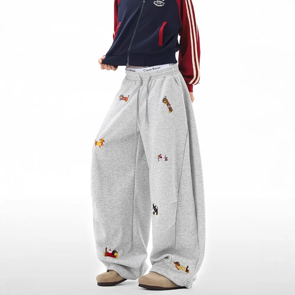 Lazy sausage dog embroidered machete sweatpants in gray, loose fit polyester men's trousers, autumn casual