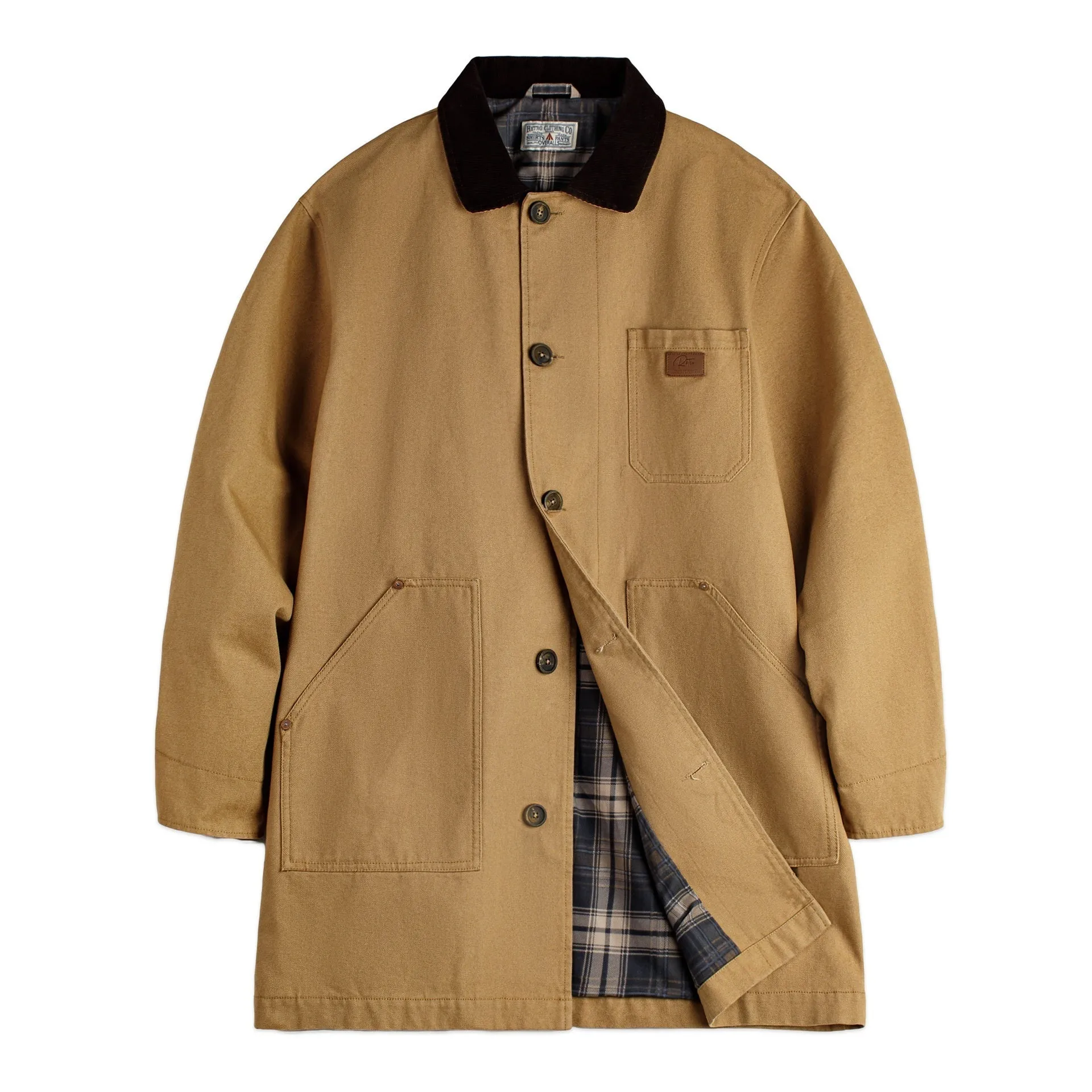 Men's khaki cotton trench coat, loose fit, mid-length, front view, solid colour