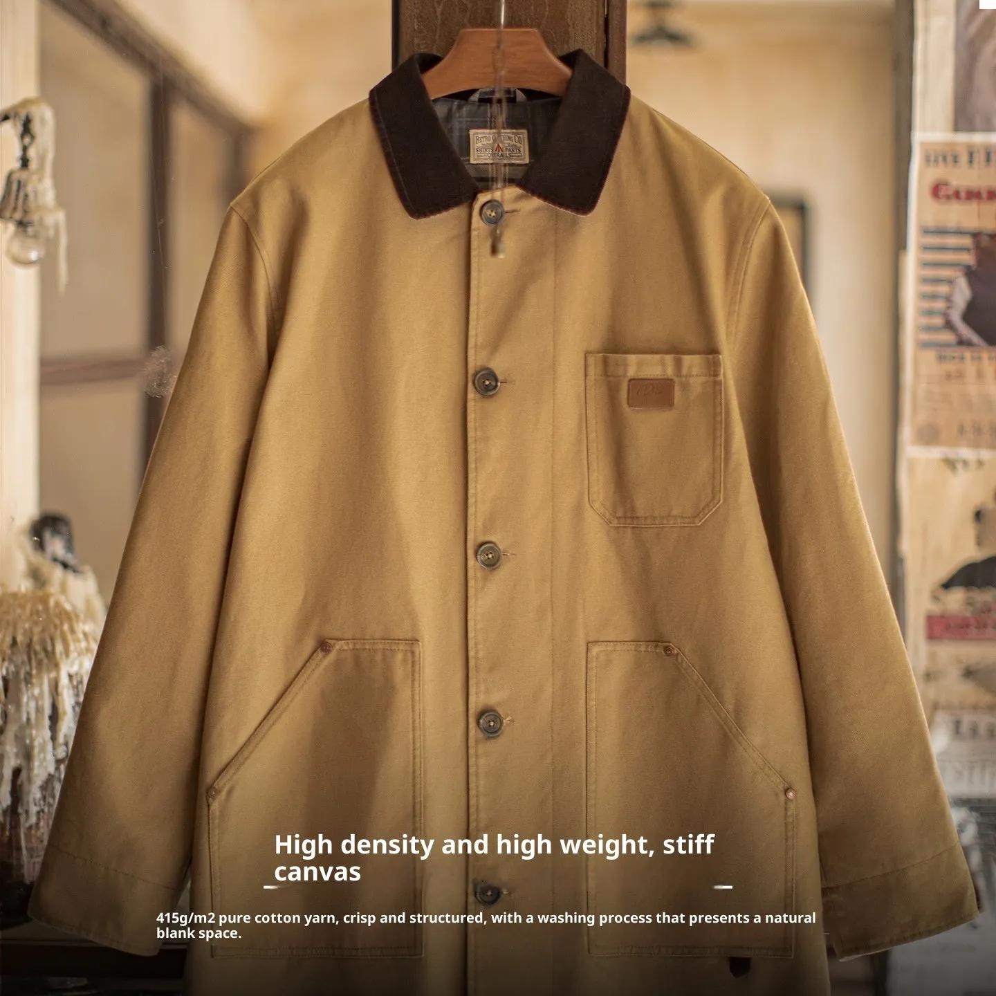 Men's khaki cotton trench coat, loose fit, mid-length, front view, solid colour