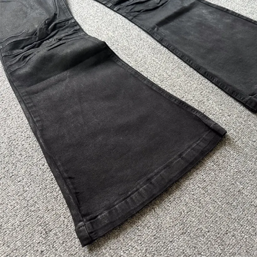 Retro black wax coating washed loose fit men's jeans with mid waist and zip fly