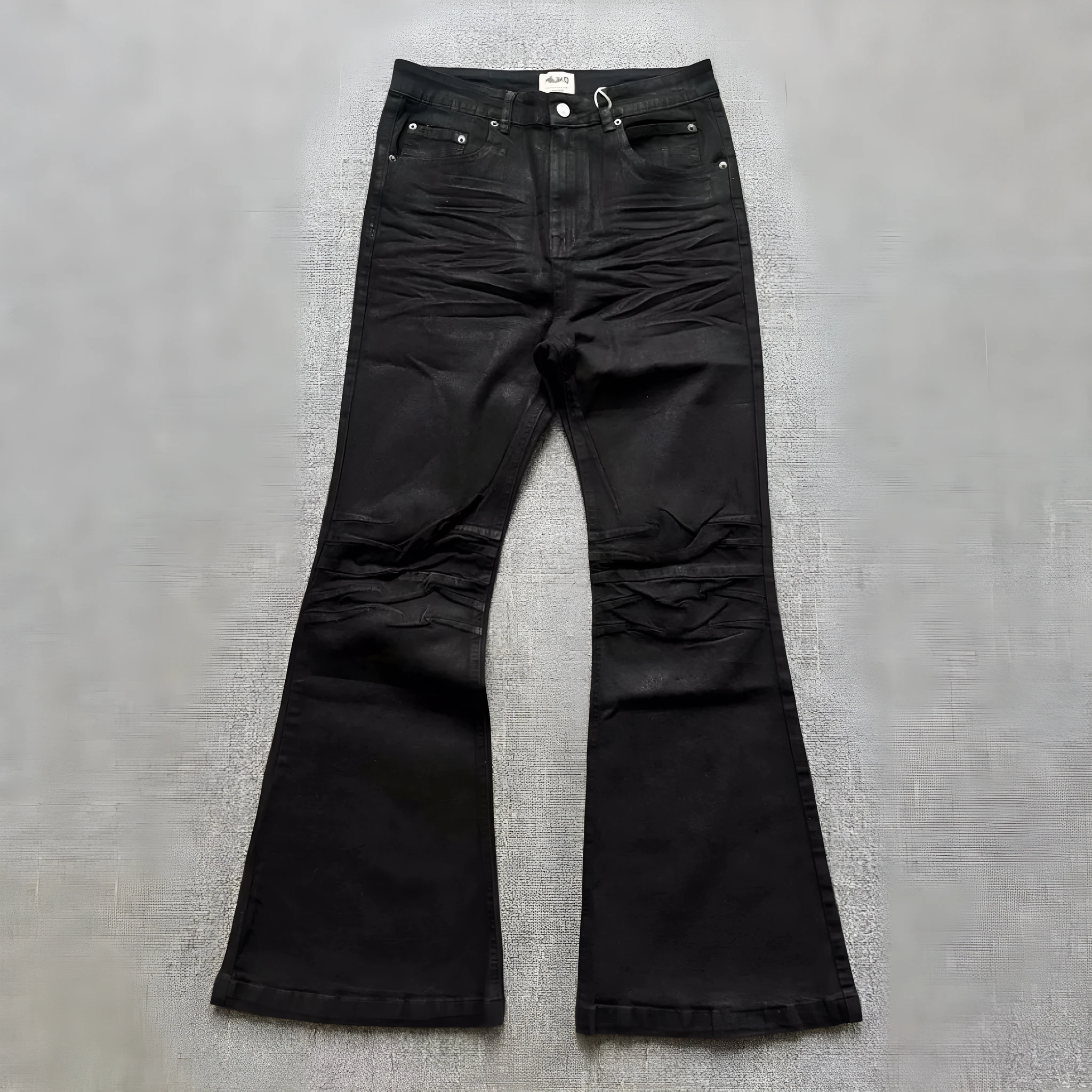 Retro black wax coating washed loose fit men's jeans with mid waist and zip fly
