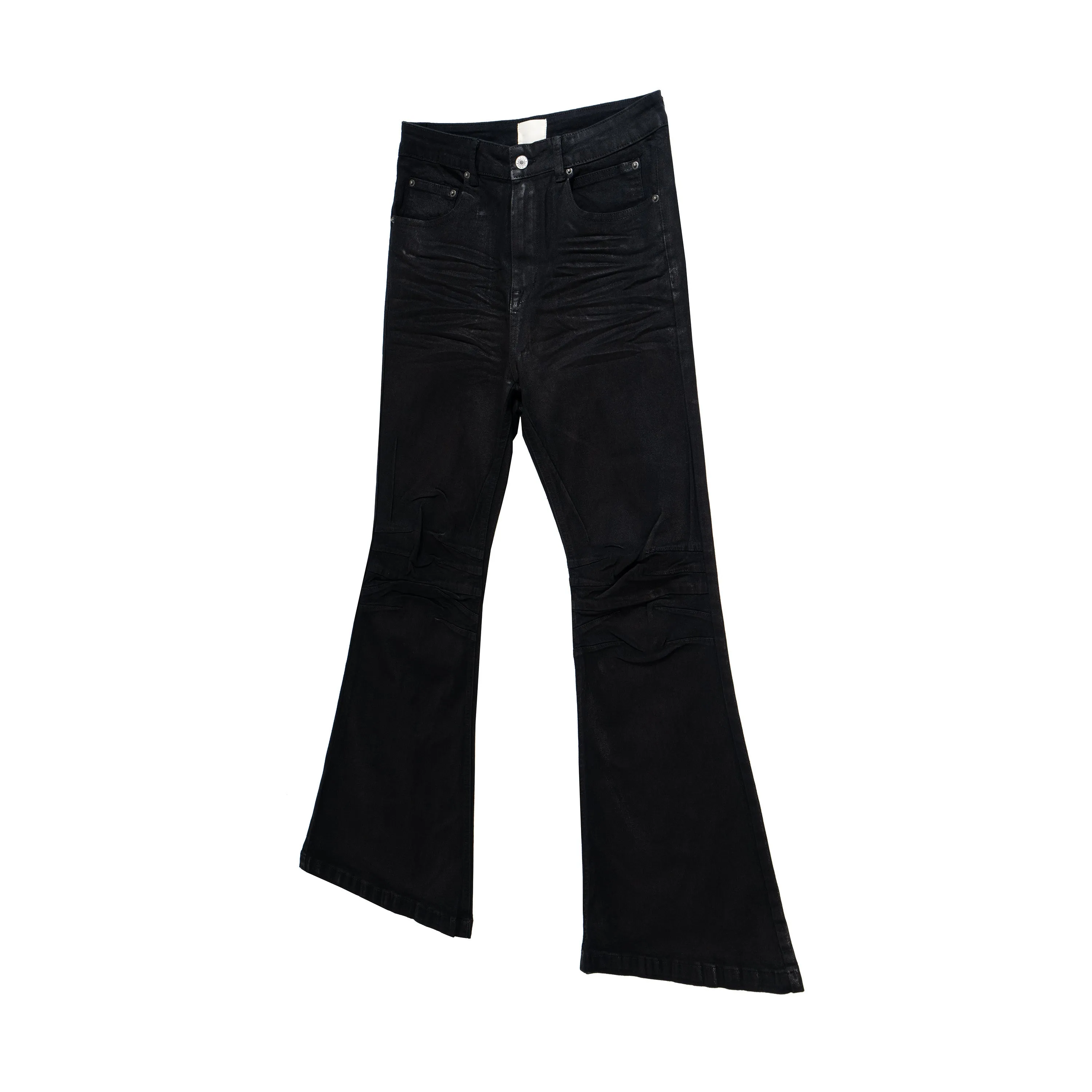 Retro black wax coating washed loose fit men's jeans with mid waist and zip fly