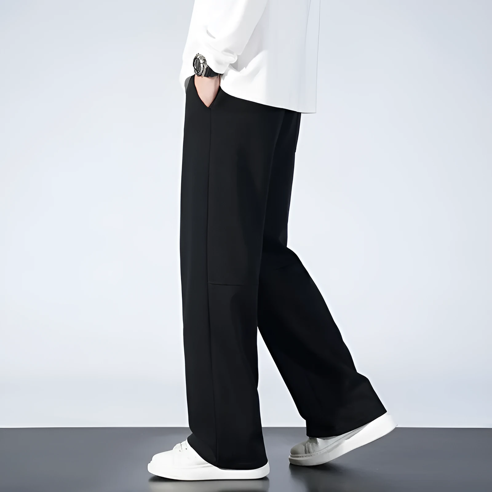 Men's straight-leg casual trousers in light gray, woolen fabric, size S to 4XL