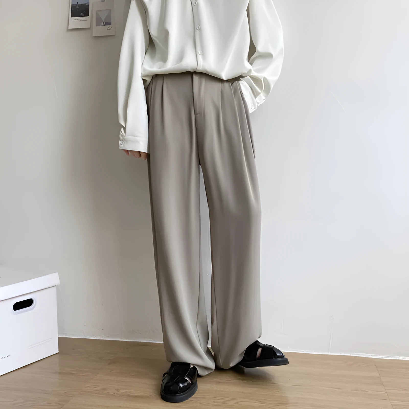 Men's loose straight casual trousers in solid colour, white black light gray polyester fabric