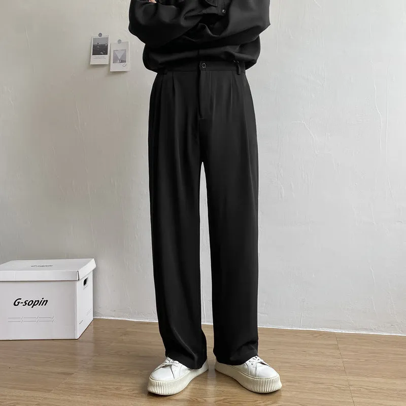 Men's loose straight casual trousers in solid colour, white black light gray polyester fabric