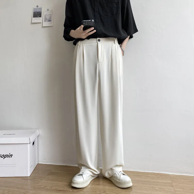 Men's loose straight casual trousers in solid colour, white black light gray polyester fabric