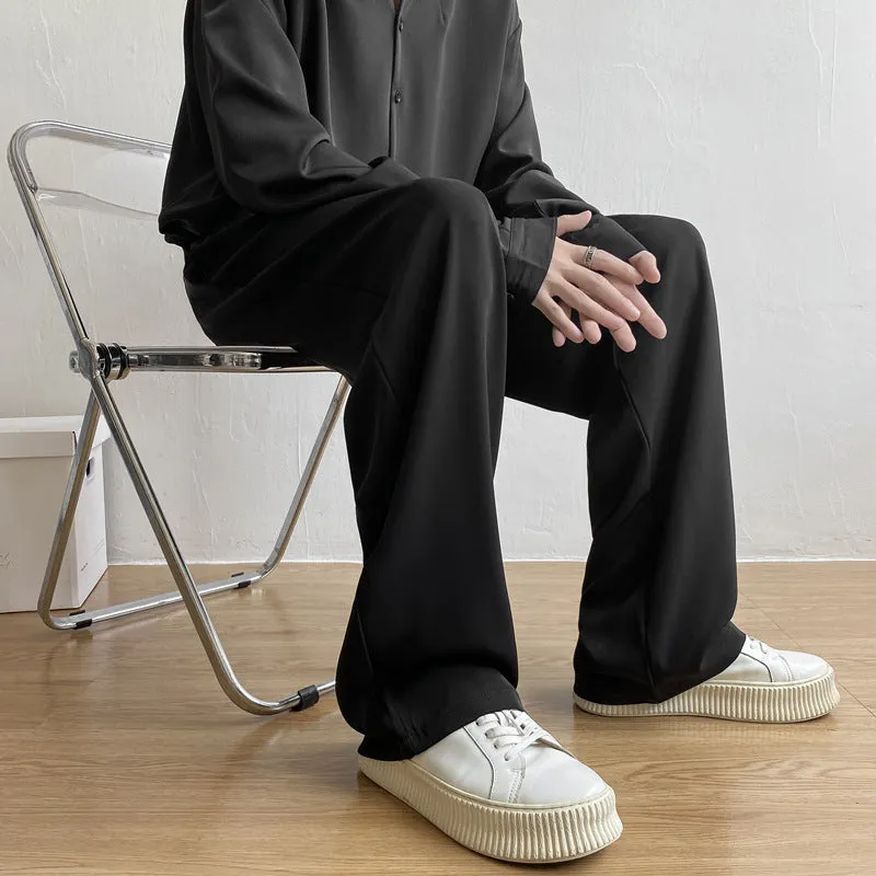 Men's loose straight casual trousers in solid colour, white black light gray polyester fabric