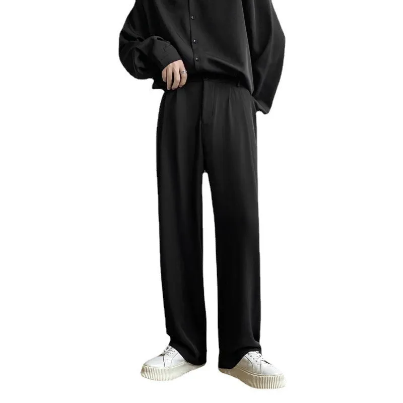 Men's loose straight casual trousers in solid colour, white black light gray polyester fabric