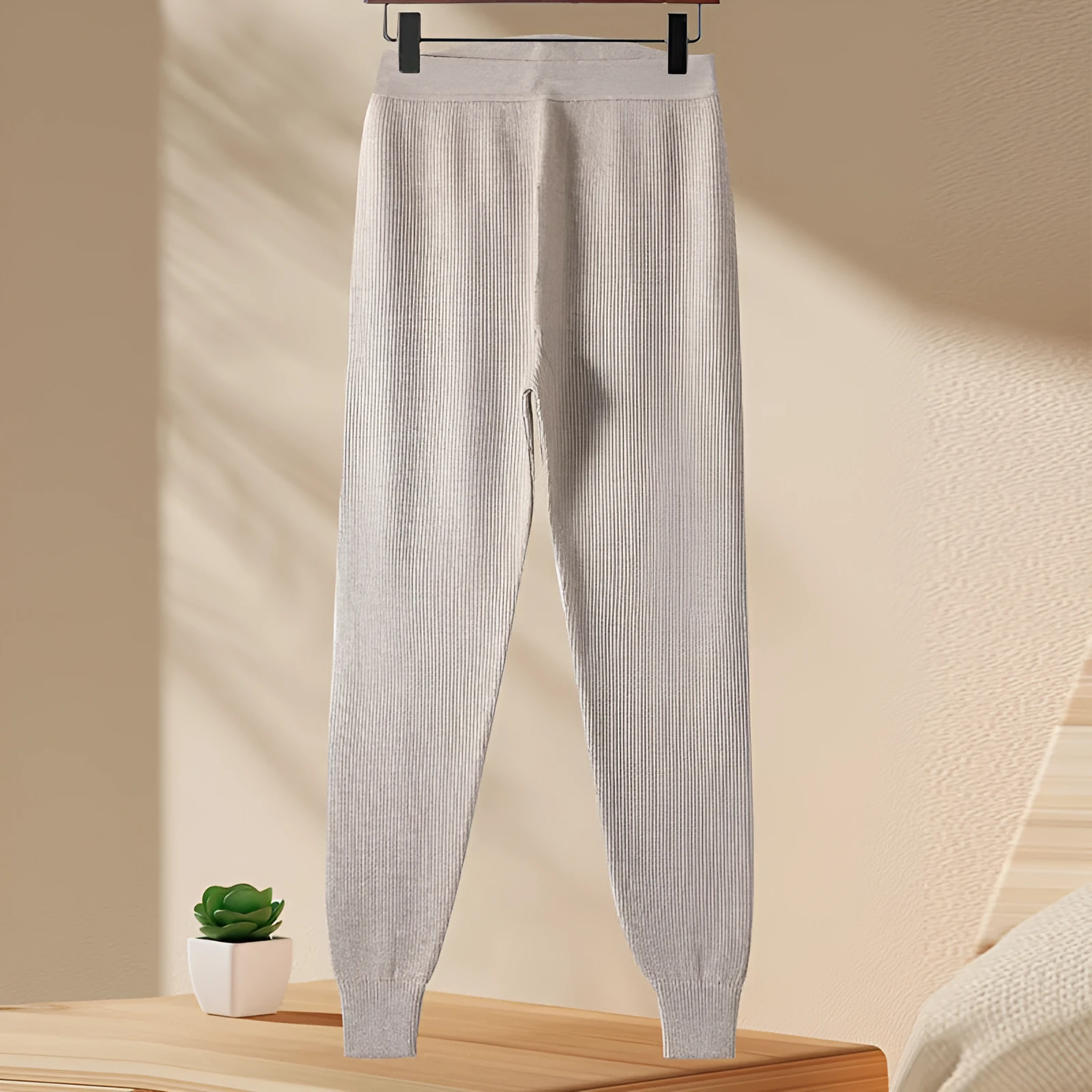 Stripe wool skinny pants in camel colour for men and women, commuting style with straight leg