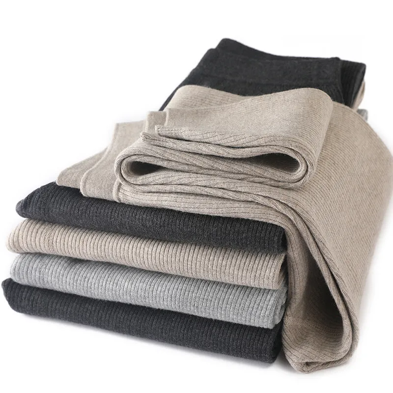 Stripe wool skinny pants in camel colour for men and women, commuting style with straight leg