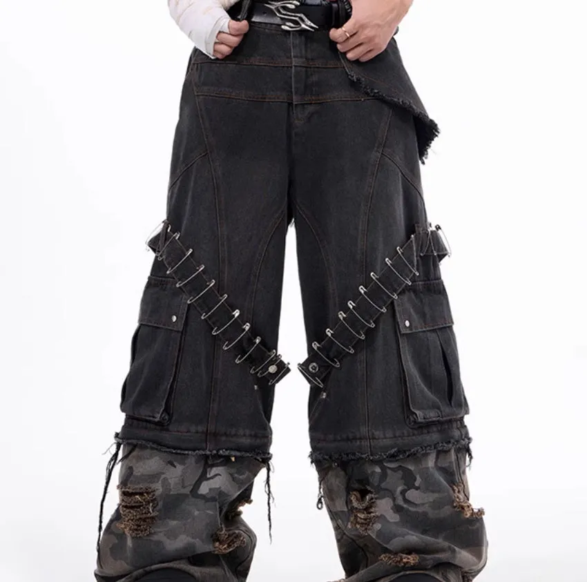 Men's grey camouflage splicing jeans with decorative pin and ribbon details