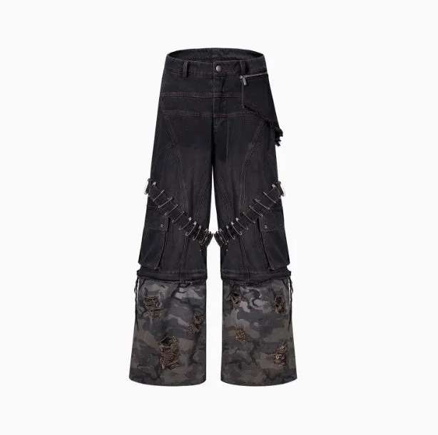 Men's grey camouflage splicing jeans with decorative pin and ribbon details