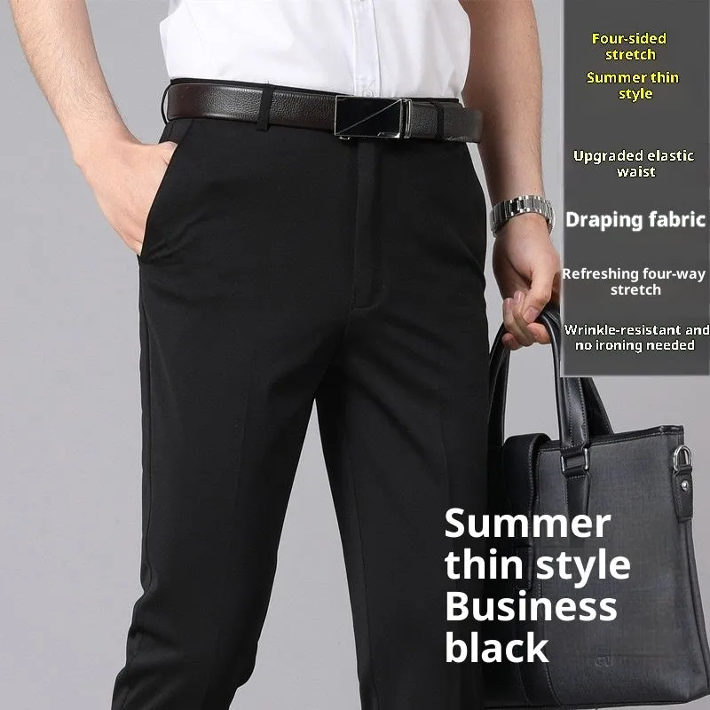 Men's loose straight suit trousers in Business Black, 95% polyester, with metal decoration detail