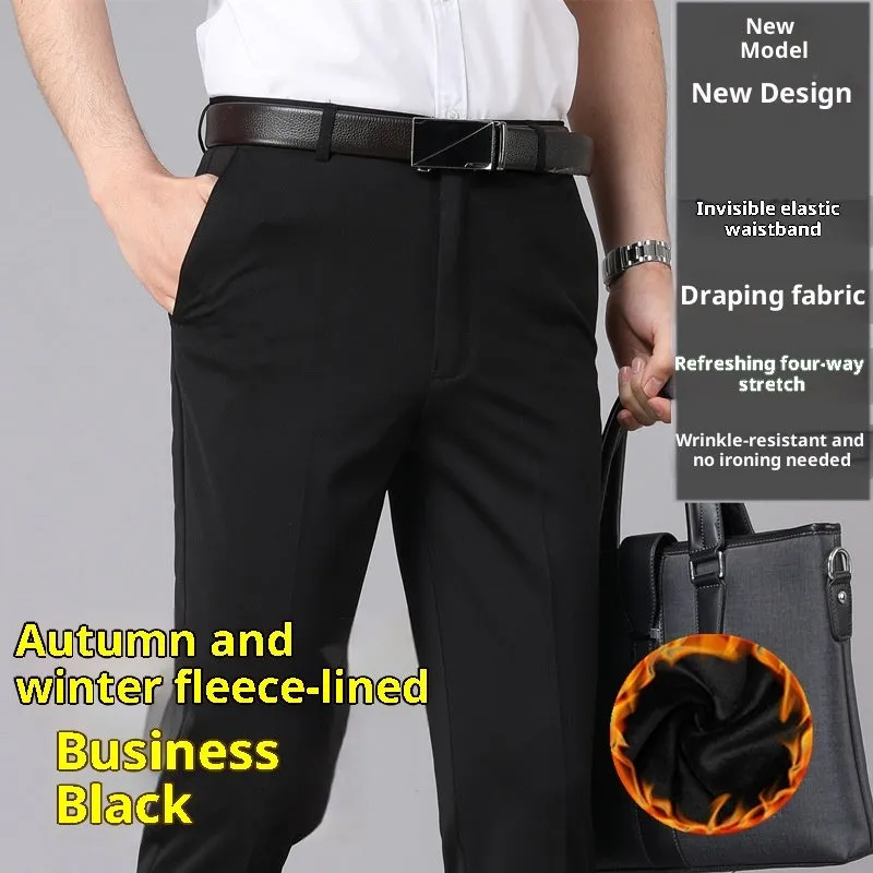 Men's loose straight suit trousers in Business Black, 95% polyester, with metal decoration detail