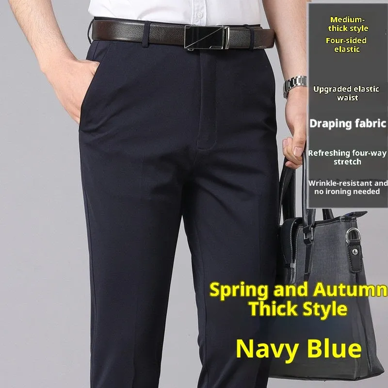 Men's loose straight suit trousers in Business Black, 95% polyester, with metal decoration detail