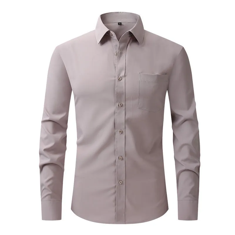 Casual long sleeve business blouse for men, 40-thread polyester, Pearl White colour, front view flat lay.