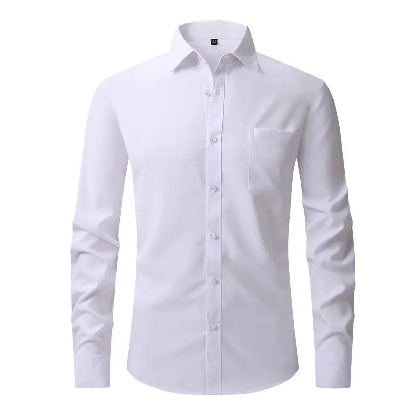 Casual long sleeve business blouse for men, 40-thread polyester, Pearl White colour, front view flat lay.