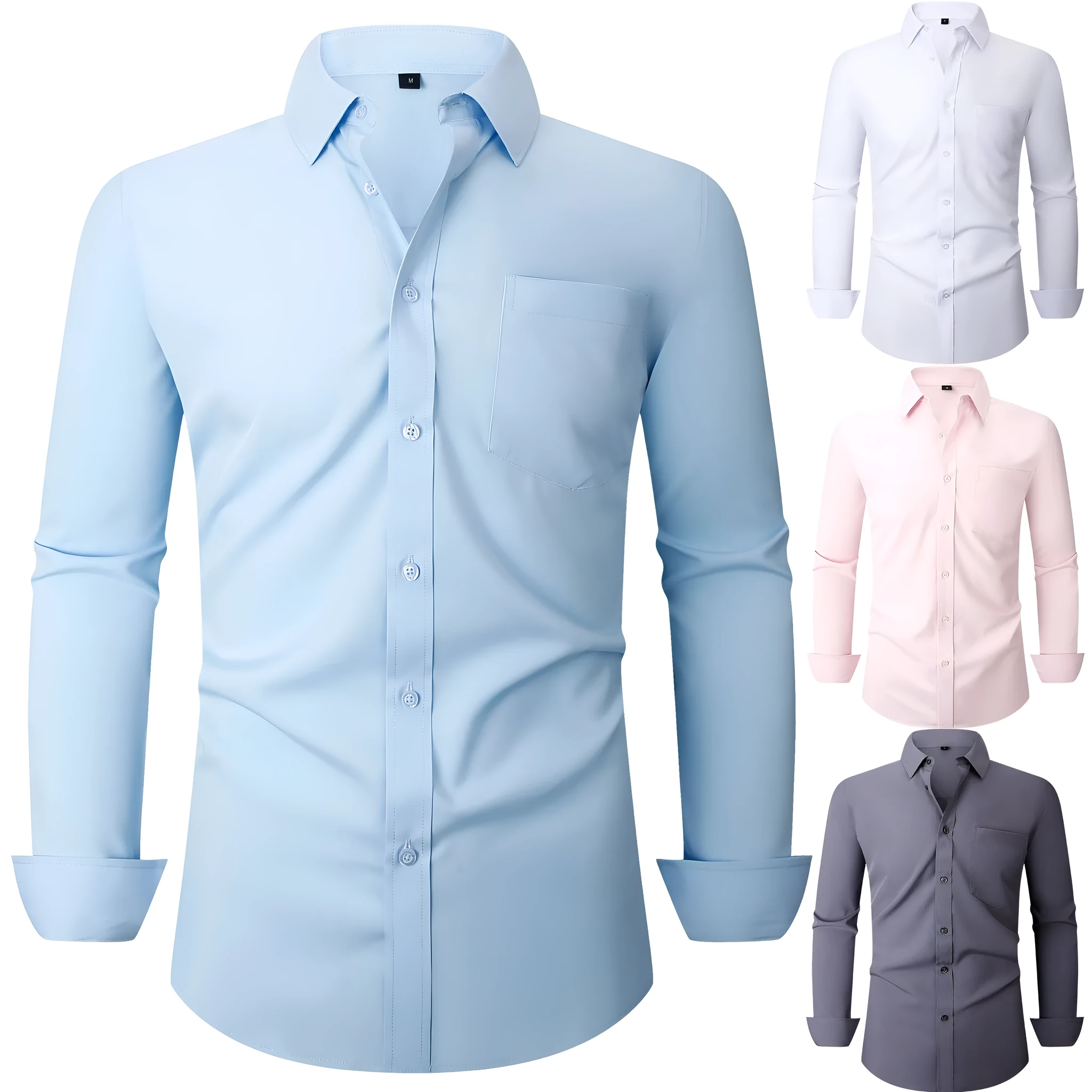Casual long sleeve business blouse for men, 40-thread polyester, Pearl White colour, front view flat lay.