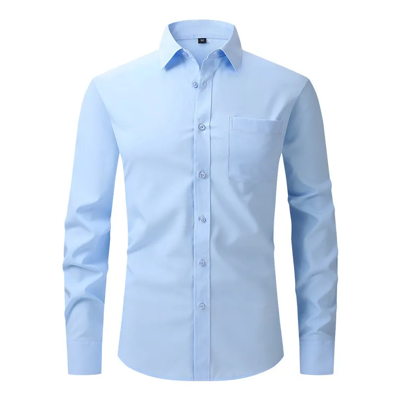 Casual long sleeve business blouse for men, 40-thread polyester, Pearl White colour, front view flat lay.