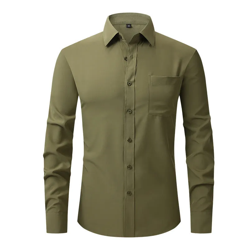 Casual long sleeve business blouse for men, 40-thread polyester, Pearl White colour, front view flat lay.