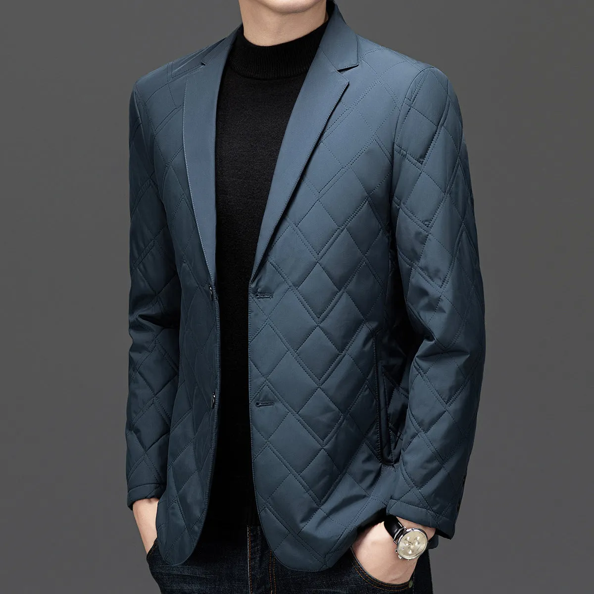 Men's loose-fit mulberry silk blend cotton-padded jacket in black with side pockets