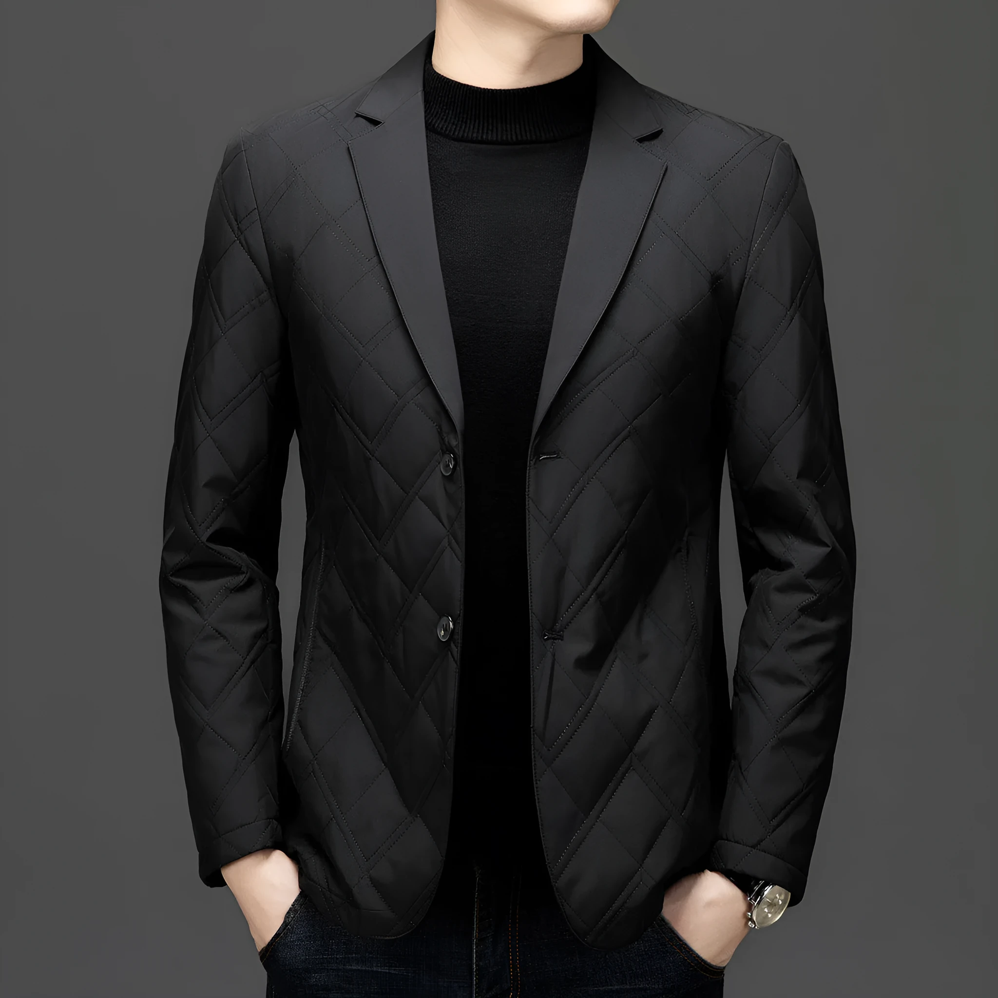 Men's loose-fit mulberry silk blend cotton-padded jacket in black with side pockets