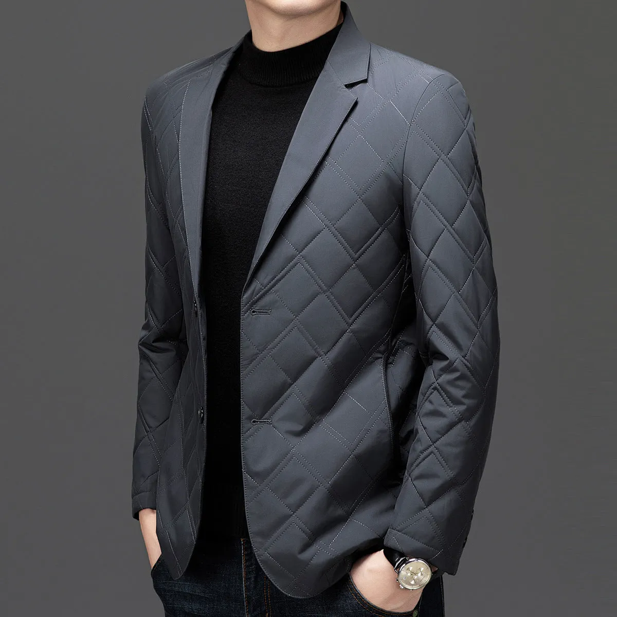 Men's loose-fit mulberry silk blend cotton-padded jacket in black with side pockets