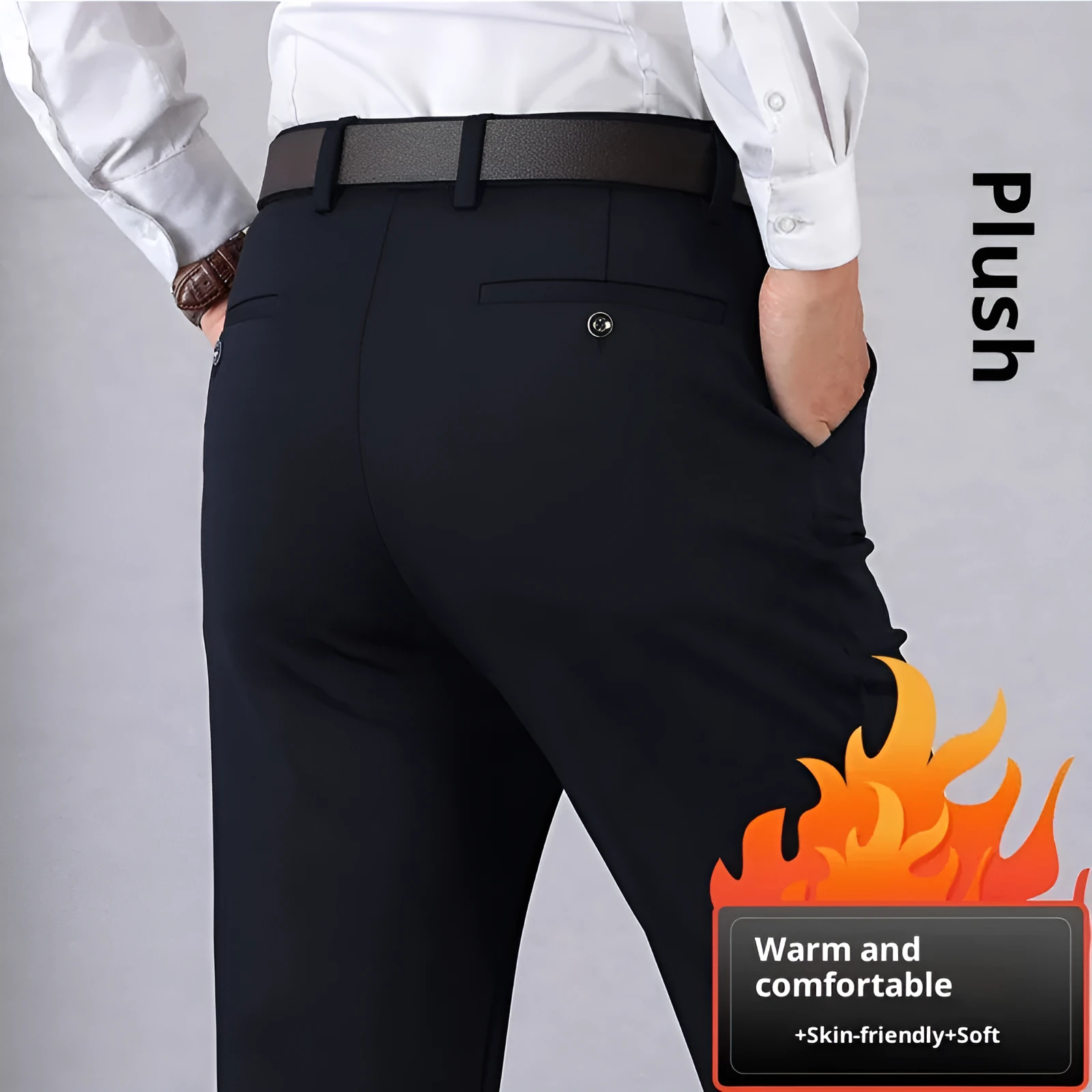 Elastic dad suit trousers high waist loose fit polyester in black