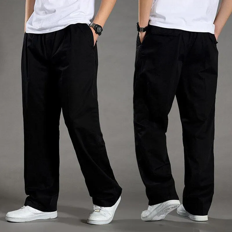 Men's cotton loose straight trousers zip placket workwear style, black colour, on model