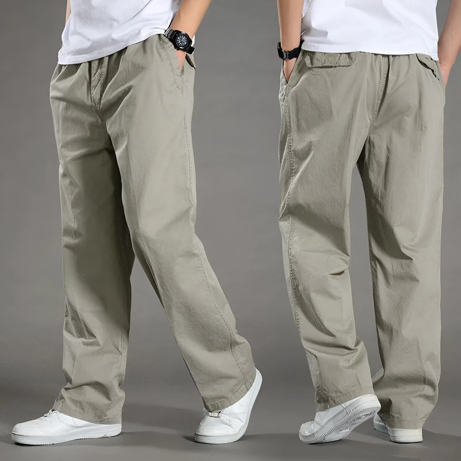 Men's cotton loose straight trousers zip placket workwear style, black colour, on model