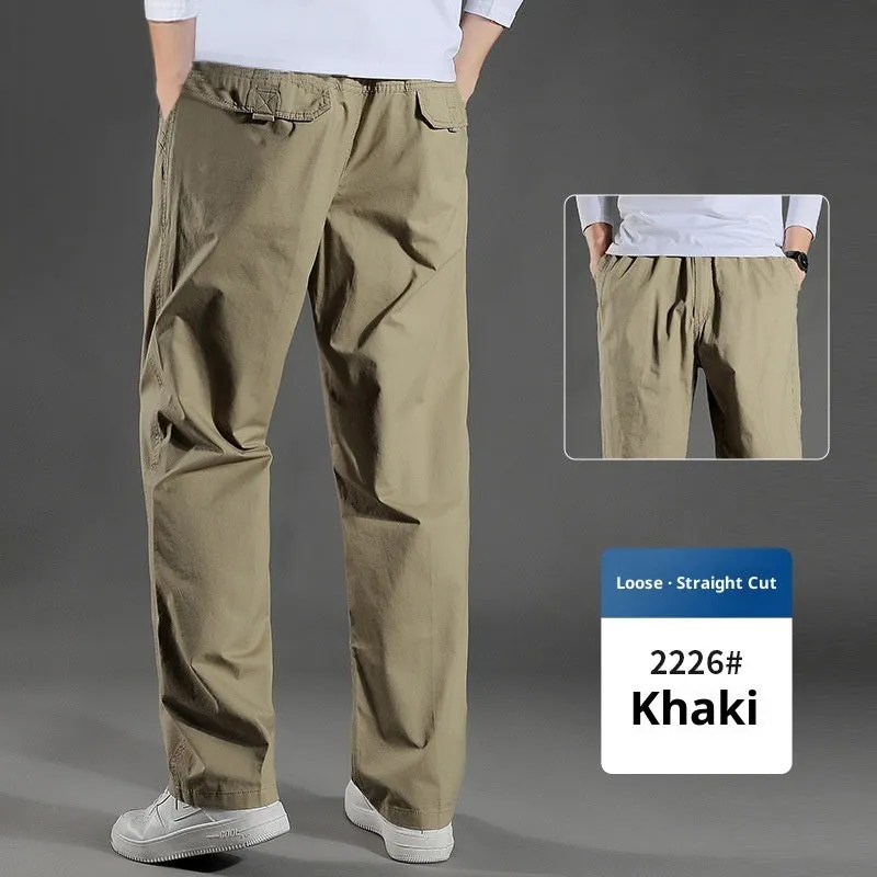 Men's cotton loose straight trousers zip placket workwear style, black colour, on model
