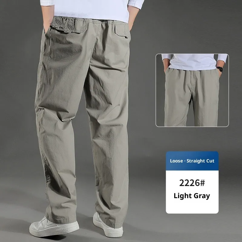 Men's cotton loose straight trousers zip placket workwear style, black colour, on model