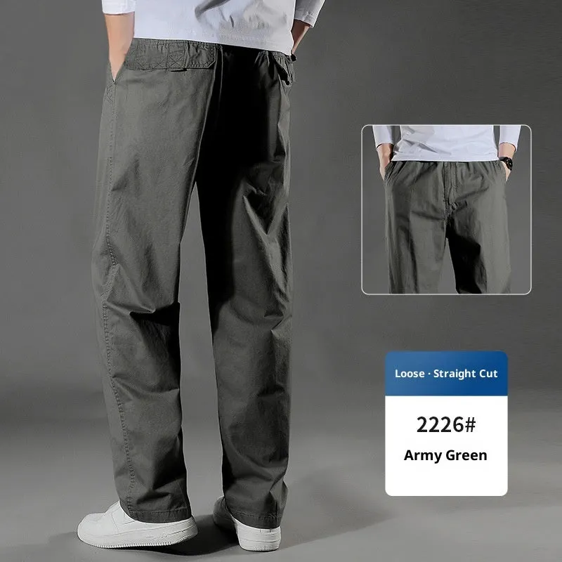 Men's cotton loose straight trousers zip placket workwear style, black colour, on model