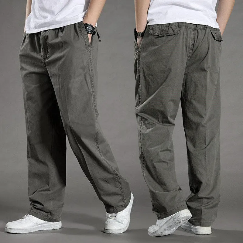 Men's cotton loose straight trousers zip placket workwear style, black colour, on model