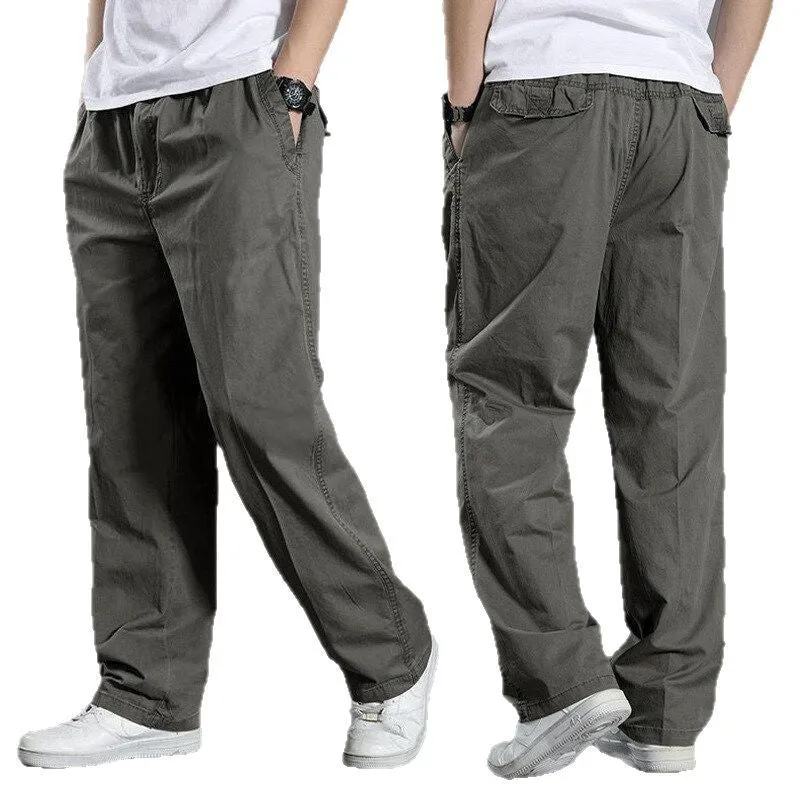 Men's cotton loose straight trousers zip placket workwear style, black colour, on model