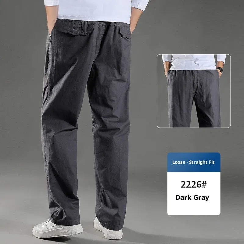 Men's cotton loose straight trousers zip placket workwear style, black colour, on model
