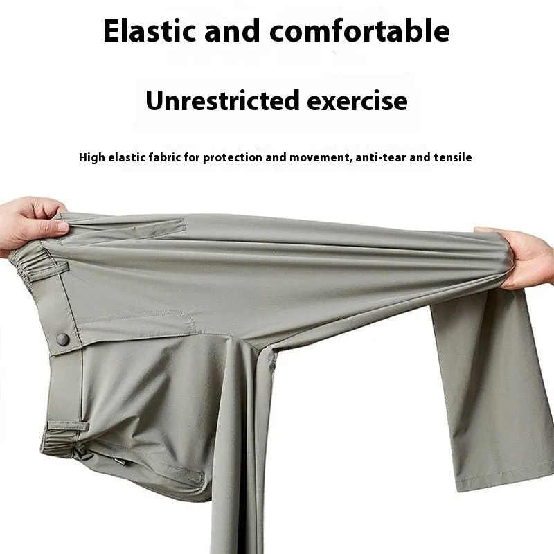 Man wearing black ice silk straight-leg loose casual trousers with an elastic waist.