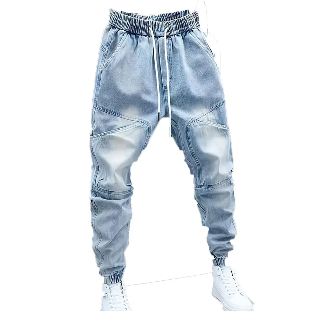 Men's light blue denim pencil pants with elastic ankle bands and drawstring mid waist