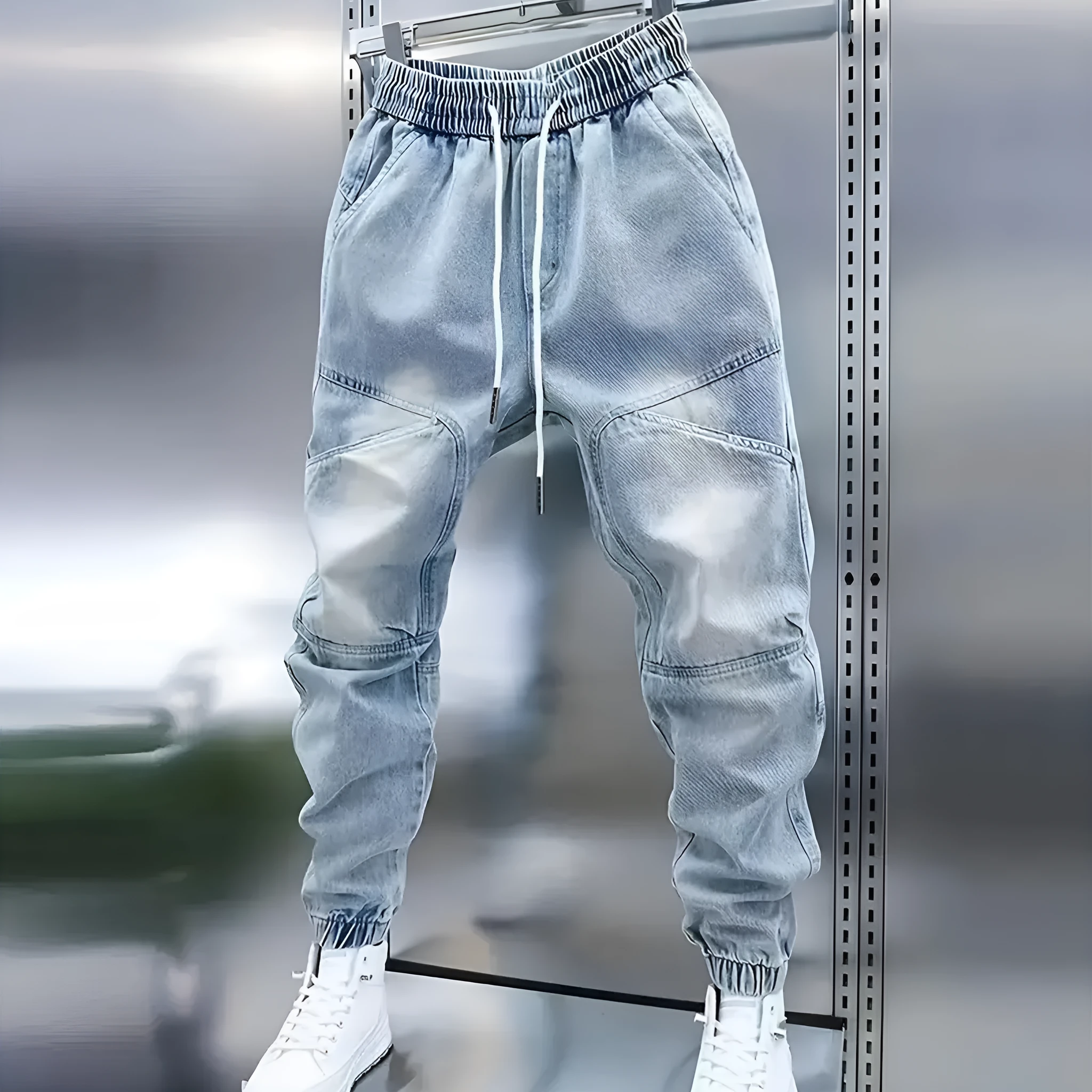Men's light blue denim pencil pants with elastic ankle bands and drawstring mid waist