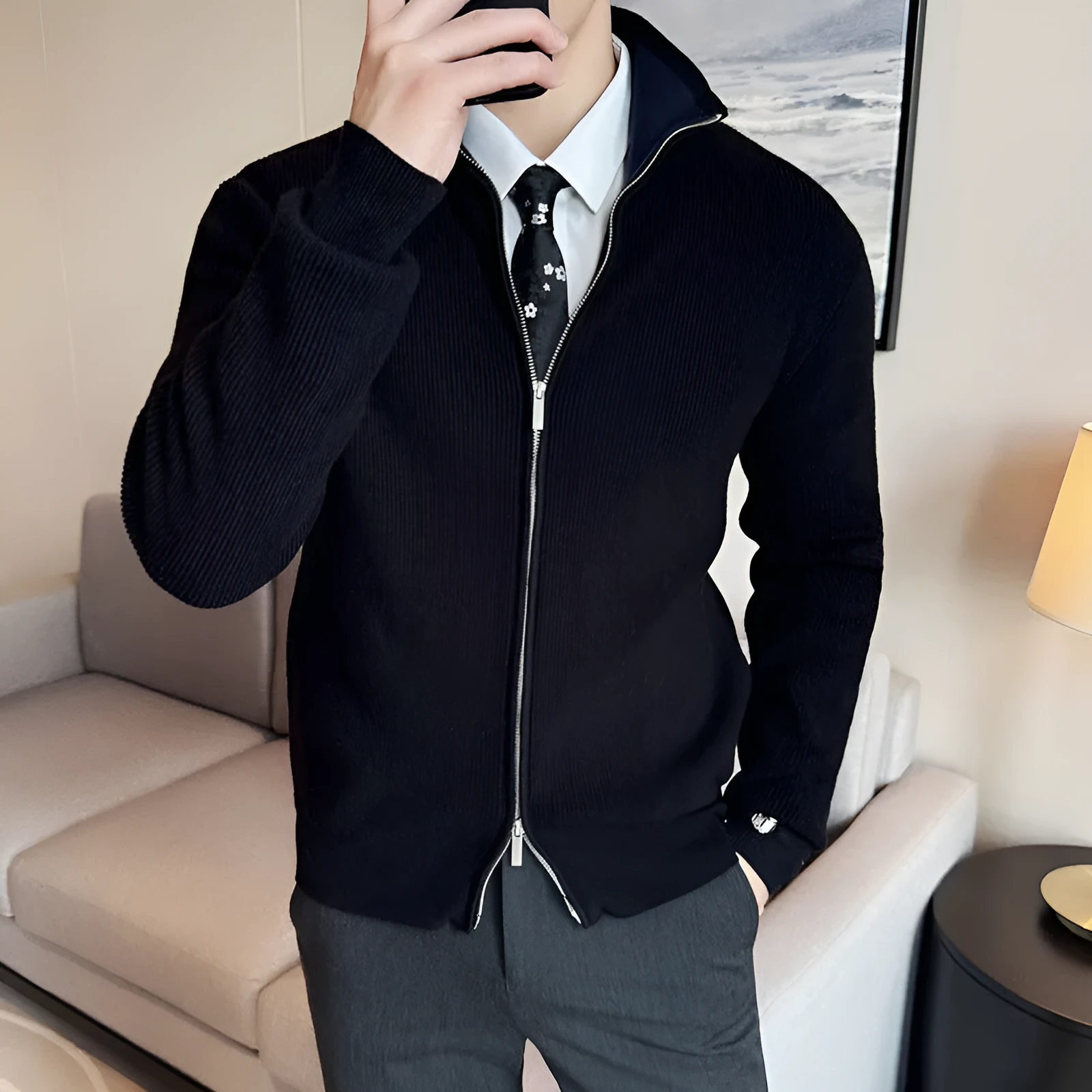 Men's polyester zipped stand collar thickening sweater coat in slim-fit cardigan style, black colour option