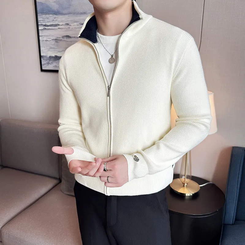 Men's polyester zipped stand collar thickening sweater coat in slim-fit cardigan style, black colour option
