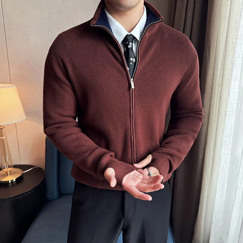 Men's polyester zipped stand collar thickening sweater coat in slim-fit cardigan style, black colour option