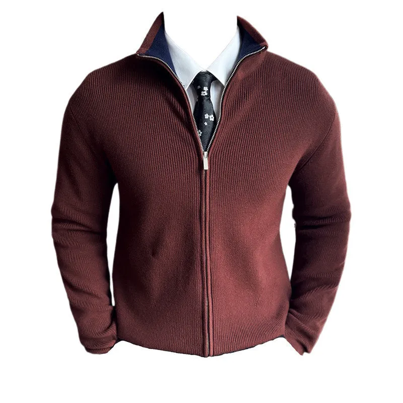 Men's polyester zipped stand collar thickening sweater coat in slim-fit cardigan style, black colour option