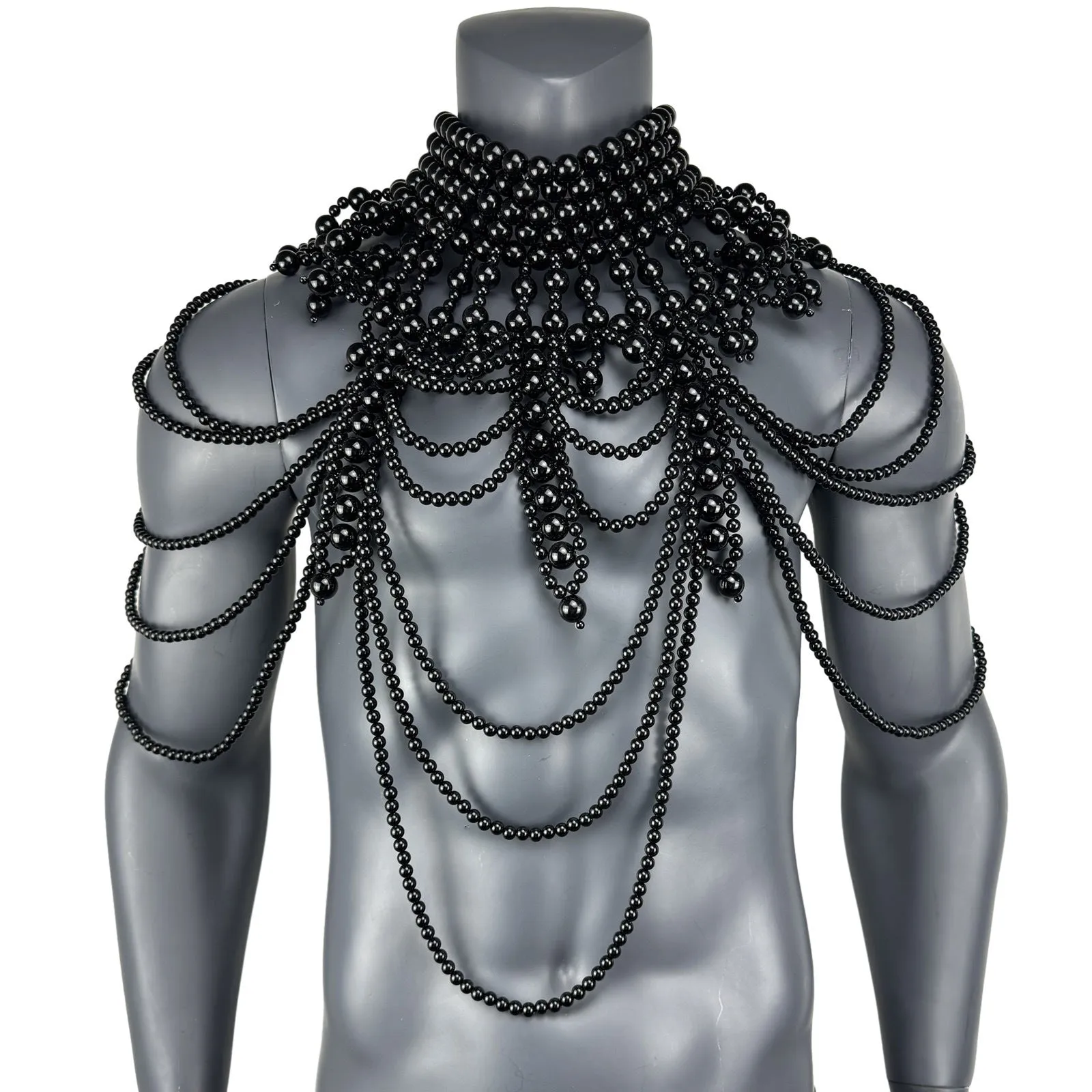 Men's hand-knitted black vest with multi-layer pearl detailing, tight fit, 51cm length, polyester-cotton blend
